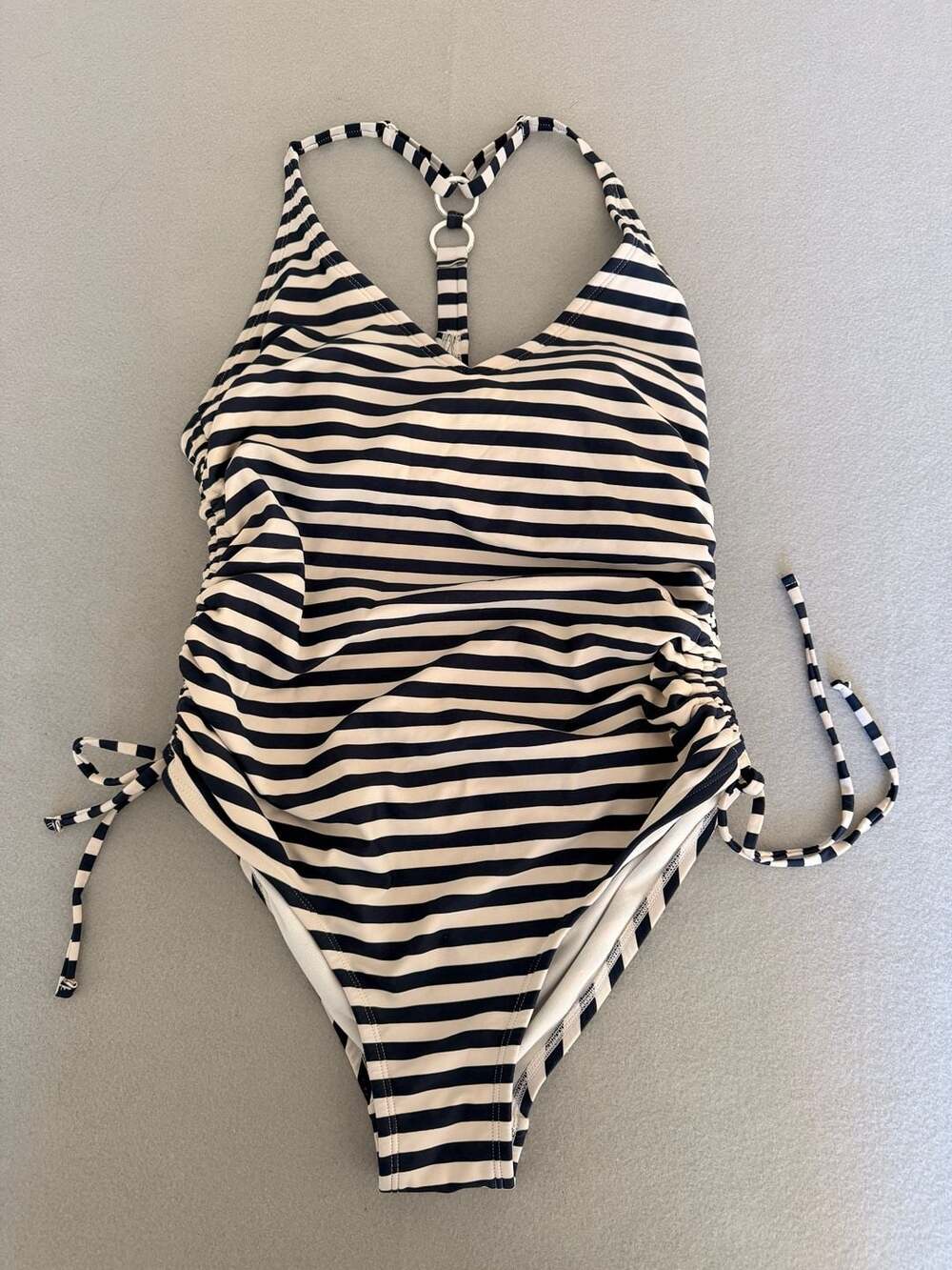 Kona Sol Women's Navy and White Striped Ruched Side One-Piece Swimsuit